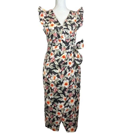 Rebecca Taylor Black Kamea Linen Blend Wrap Dress Tropical Floral Print Size 0 - Picture 2 of 15